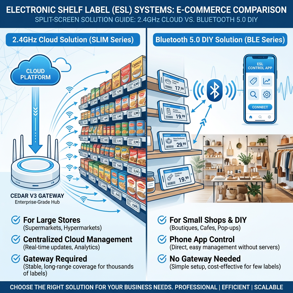 Electronic Shelf Label ESL Systems Comparison - 2.4GHz Cloud SLIM Series vs Bluetooth 5.0 BLE DIY Solution split screen guide showing cloud platform gateway architecture and bluetooth phone app direct control for supermarket and small shop retail price tag management